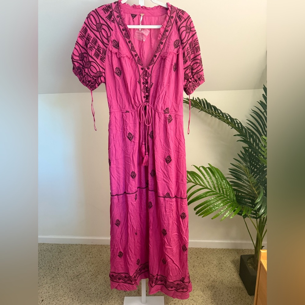 Free People Riley Embroidered Maxi Dress-Fushia XS